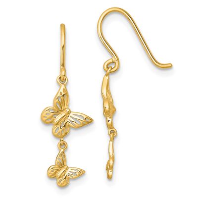 Double Butterfly Moveable Dangle Shepherd Hook Earrings 14k Gold Polished, MPN: YE2302, UPC: