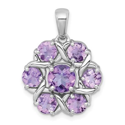 Polished Amethyst and Rose De France Quartz Flower Pendant Sterling Silver Rhodium-Plated, MPN: QP6…