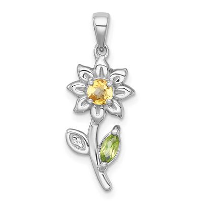 Polished Citrine Peridot and White Topaz Flower Pendant Sterling Silver Rhodium-Plated, MPN: QP6025…