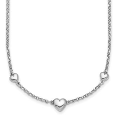 3 Hearts 16 Inch with 2 Inch Extension Necklace Sterling Silver Rhodium-Plated Polished, MPN: QG695…