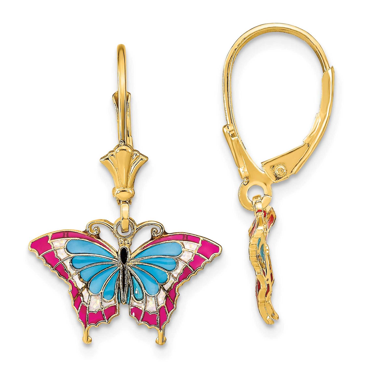 Blue and Red Enameled Wings Butterfly Leverback Earrings 14k Gold, MPN: TF1917, UPC: 637218157792