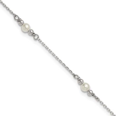 Beaded with Acrylic Pearl 9 In with 1 Inch Extension Anklet Sterling Silver Polished, MPN: QG6901-9…