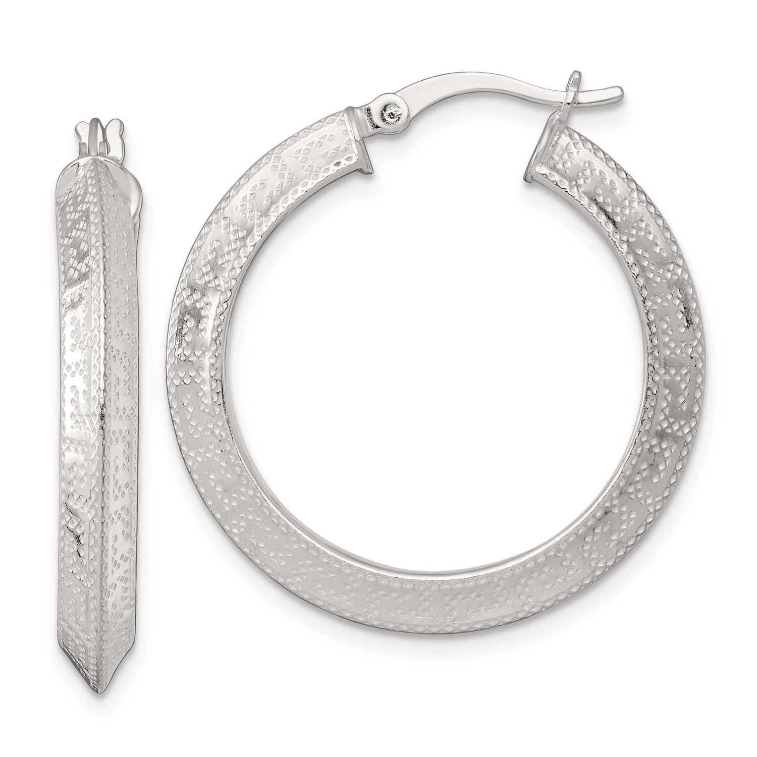 30x4.0mm Knife Edge Greek Key Round Hoop Earrings Sterling Silver Textured, MPN: QE17861, UPC: