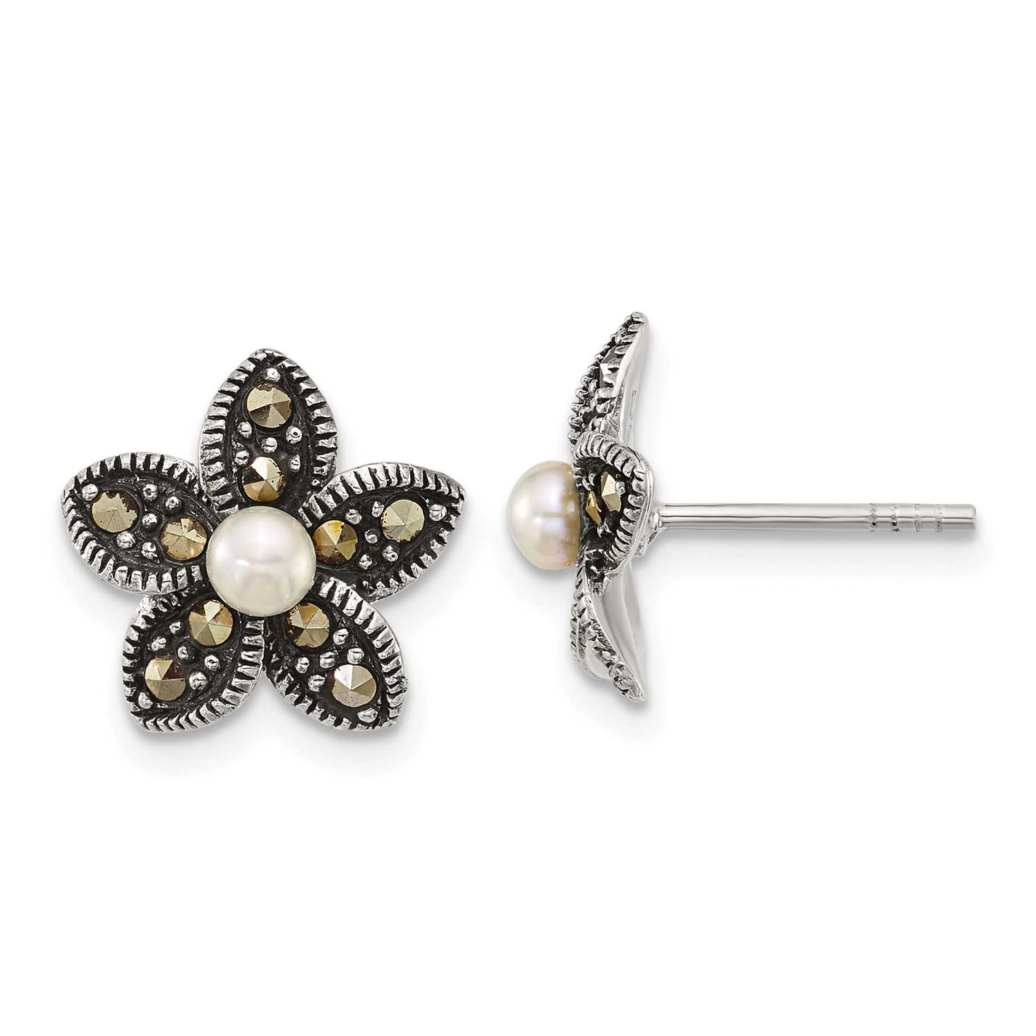 Marcasite Fwc Pearl Fancy Flower Post Earrings Sterling Silver Antiqued, MPN: QG7225E, UPC: