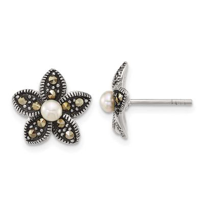 Marcasite Fwc Pearl Fancy Flower Post Earrings Sterling Silver Antiqued, MPN: QG7225E, UPC: