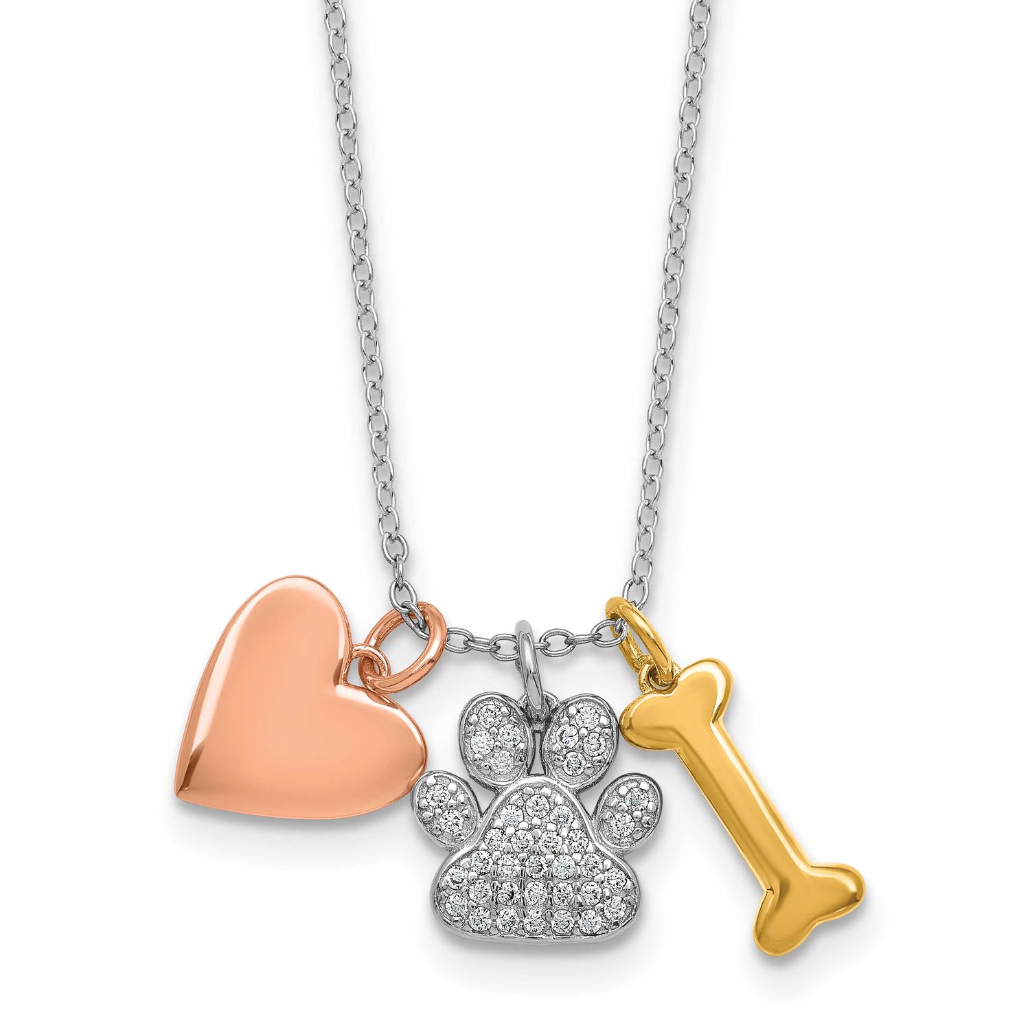 Rose and Gold-Plat CZ Paw Heart Dog Bone 2 Inch Extension Necklace Sterling Silver Rhodium-Plated, …