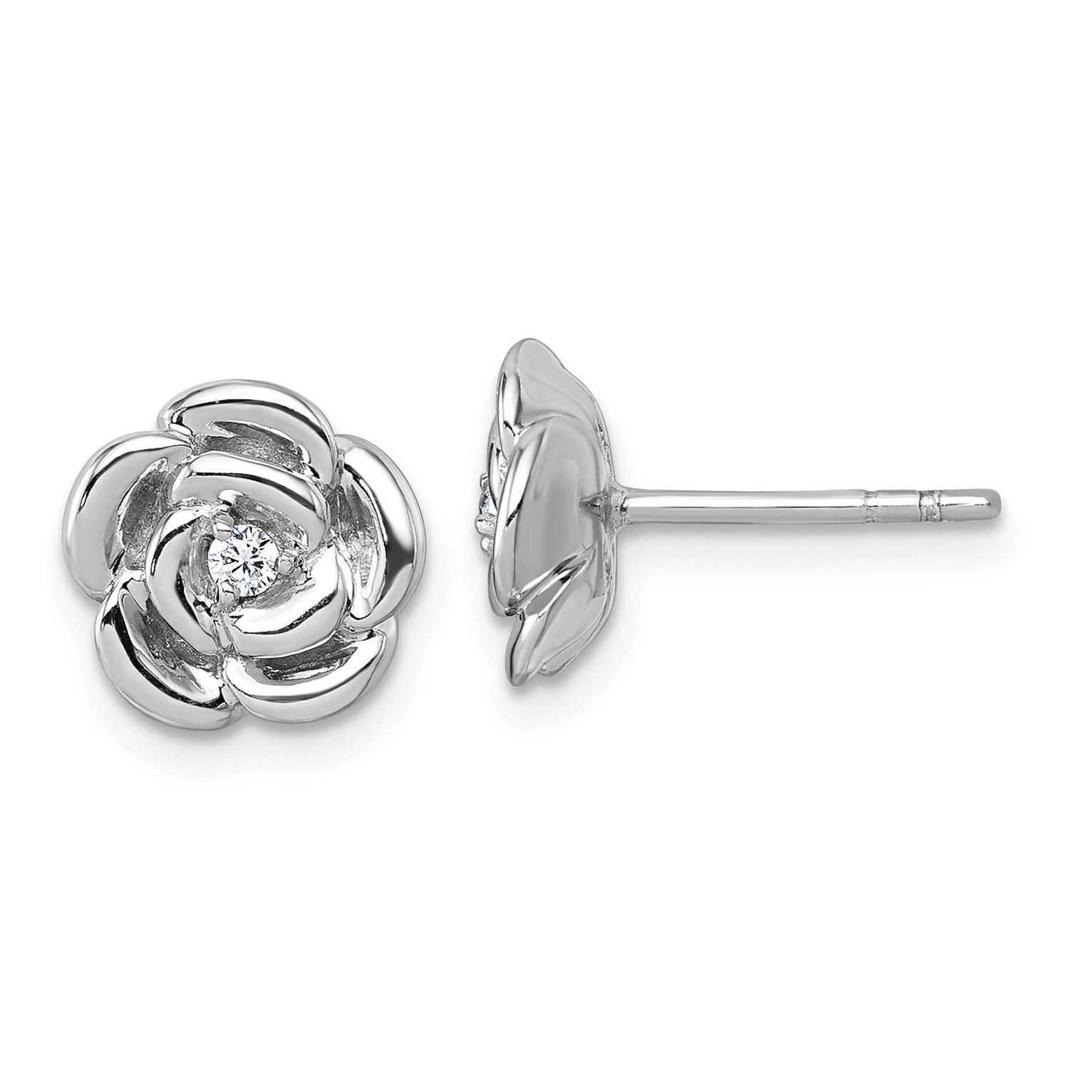 Polished CZ Flower Post Earrings Sterling Silver Rhodium-Plated, MPN: QG7227E, UPC: