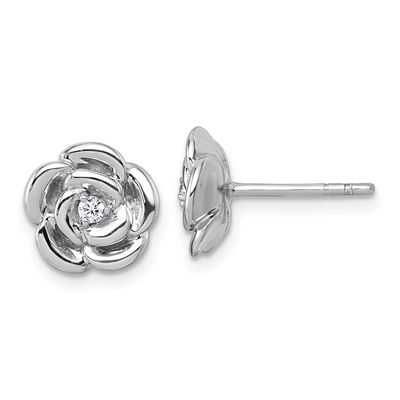 Polished CZ Flower Post Earrings Sterling Silver Rhodium-Plated, MPN: QG7227E, UPC: