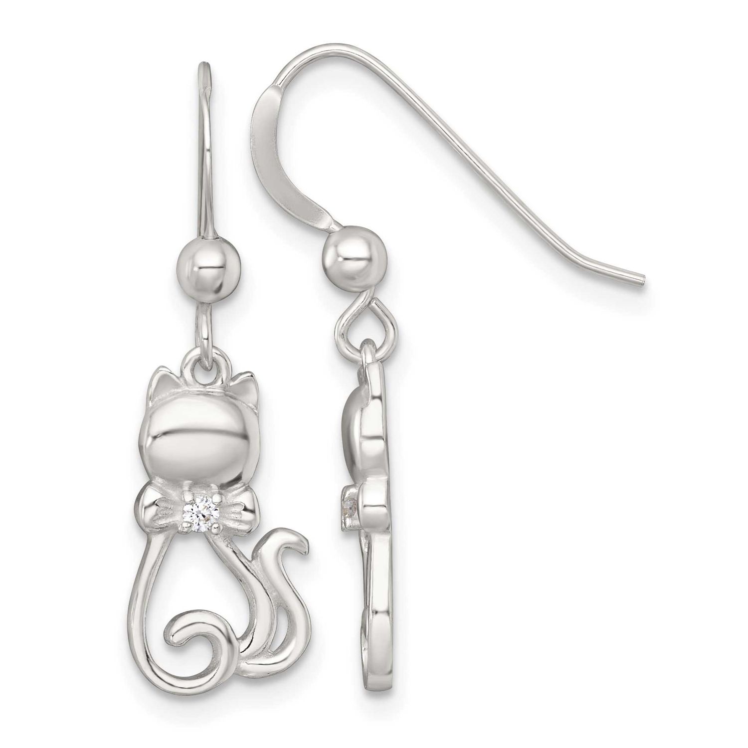 CZ Cat Silhouette with Bowtie Dangle Earrings Sterling Silver Polished, MPN: QG7129E, UPC: