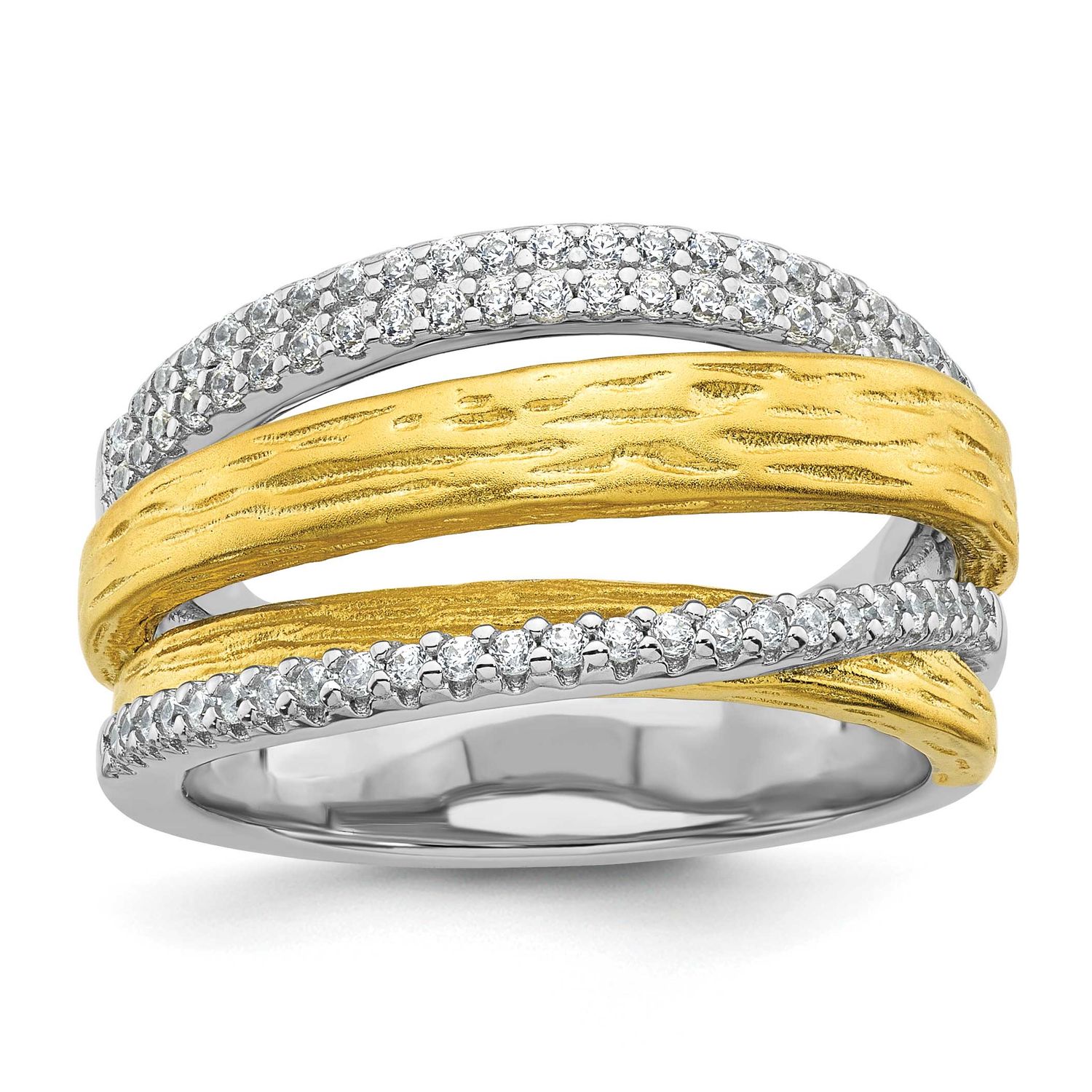 Gold-Tone CZ Brushed Ring Sterling Silver Rhodium-Plated, MPN: QR7723, UPC: