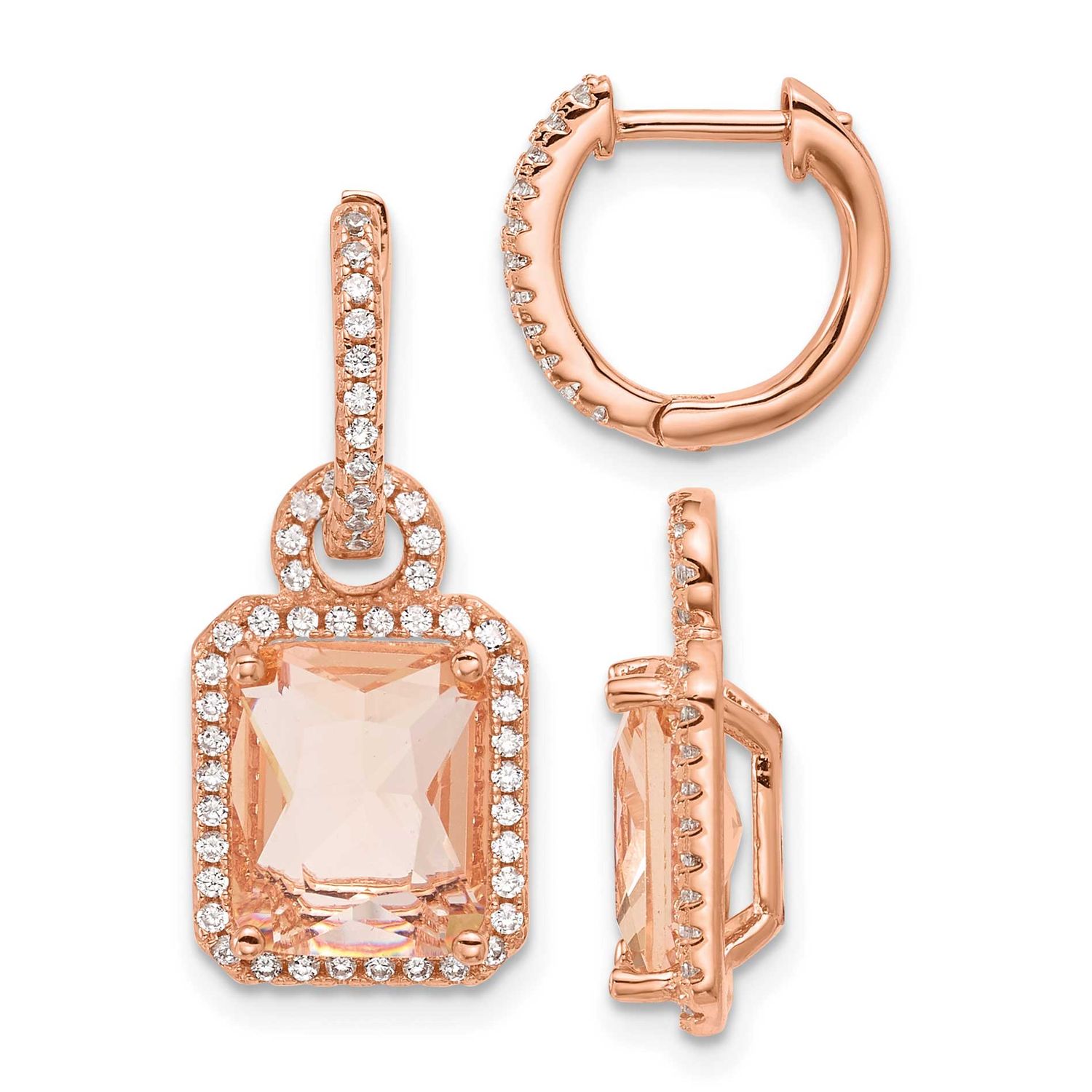 Glass and CZ Dangle Hinged Round Hoop Earrings Sterling Silver Rose-Tone, MPN: QG7176E, UPC: