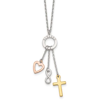 Gold and Rose-Tone Heart Infinity and CroBlessed Necklace Sterling Silver, MPN: QG7117-16, UPC: