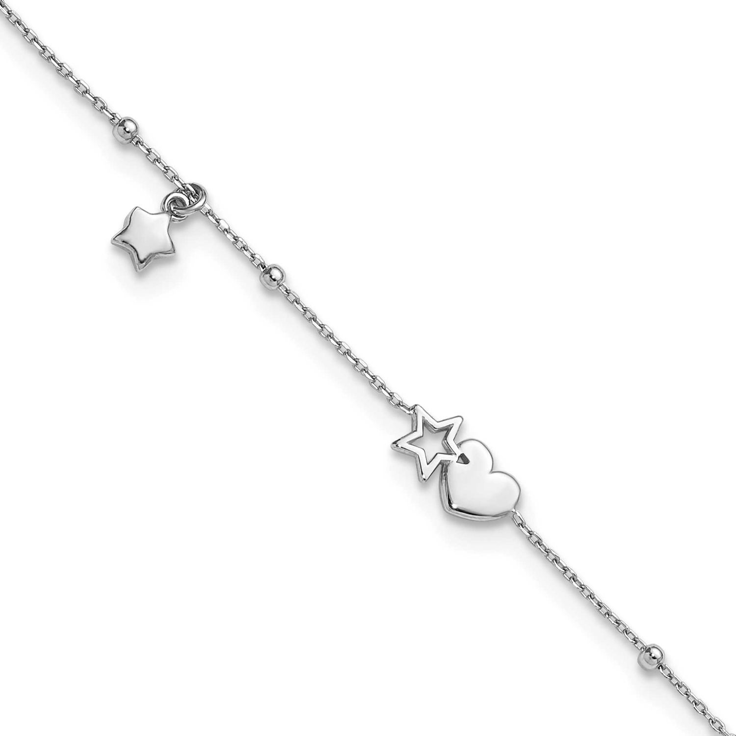 Heart and Stars with Stations 9 Inch Plus 1 Inch Extender Anklet Sterling Silver Rhodium-Plated, MP…