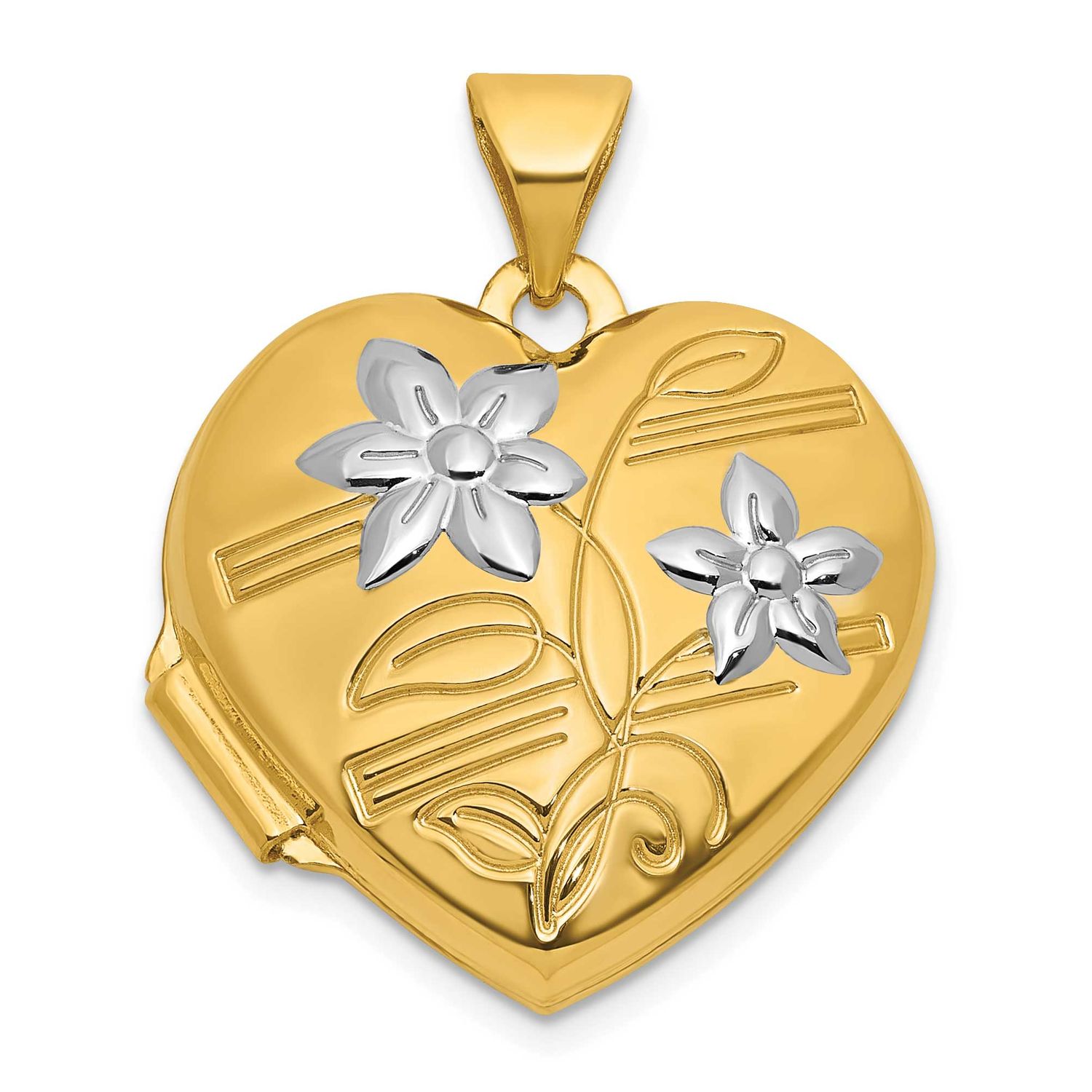 Polished Floral 18mm Heart Locket 14k Gold &amp; Rhodium, MPN: XL878, UPC: