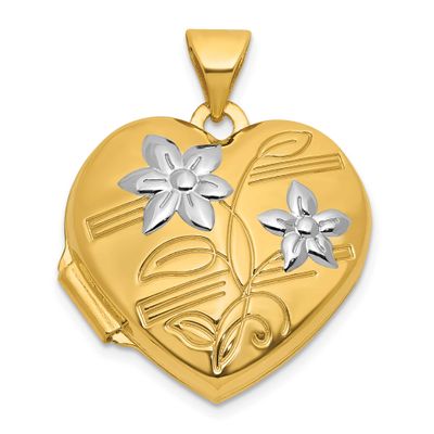 Polished Floral 18mm Heart Locket 14k Gold &amp; Rhodium, MPN: XL878, UPC: