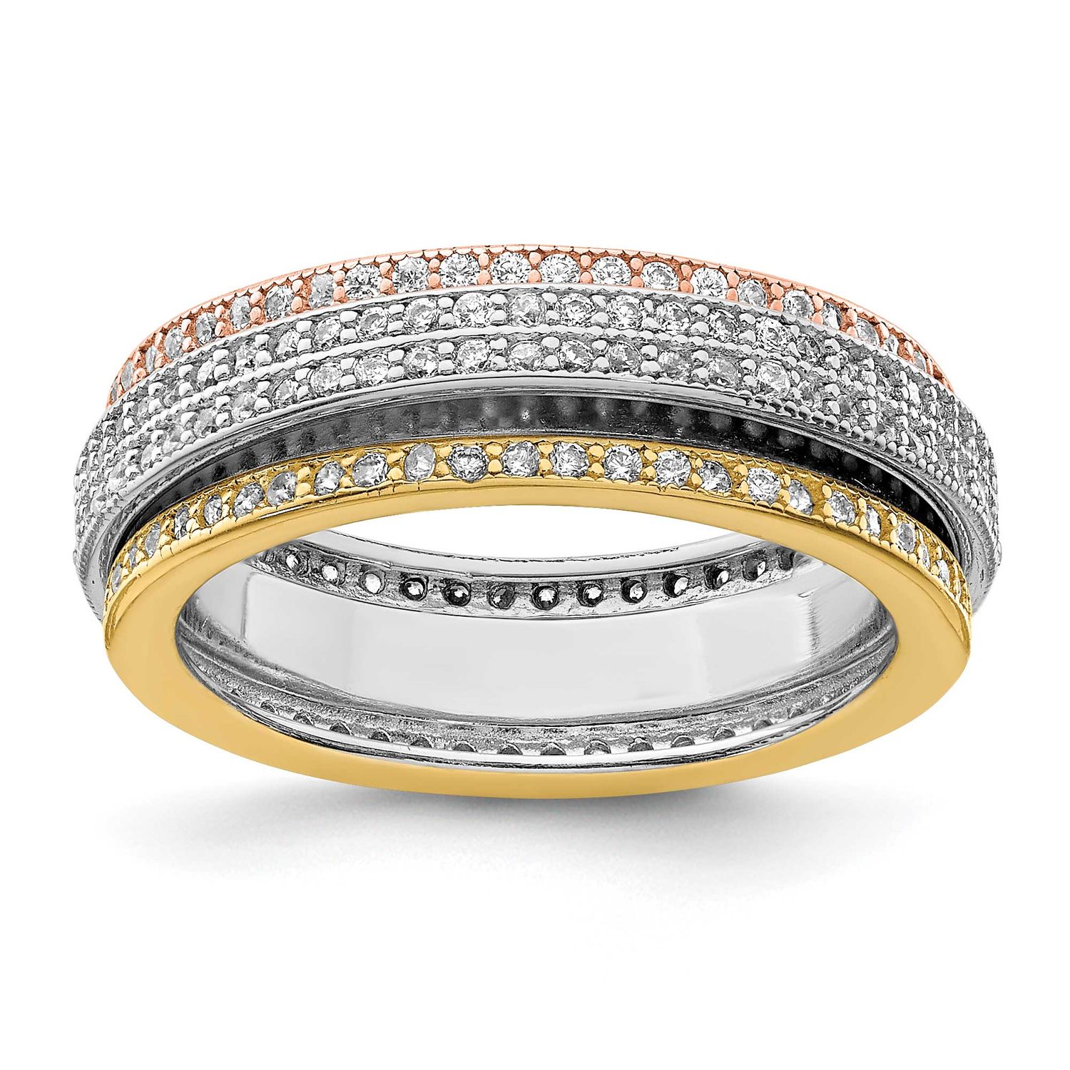 Polished Tri-Color Pavc Eternity Motion Ring Sterling Silver Rhodium-Plated, MPN: QR6274, UPC: