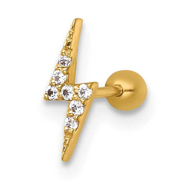 21 Gauge Polished CZ Lightning Bolt Labret Stud 14k Gold, MPN: BD314, UPC: