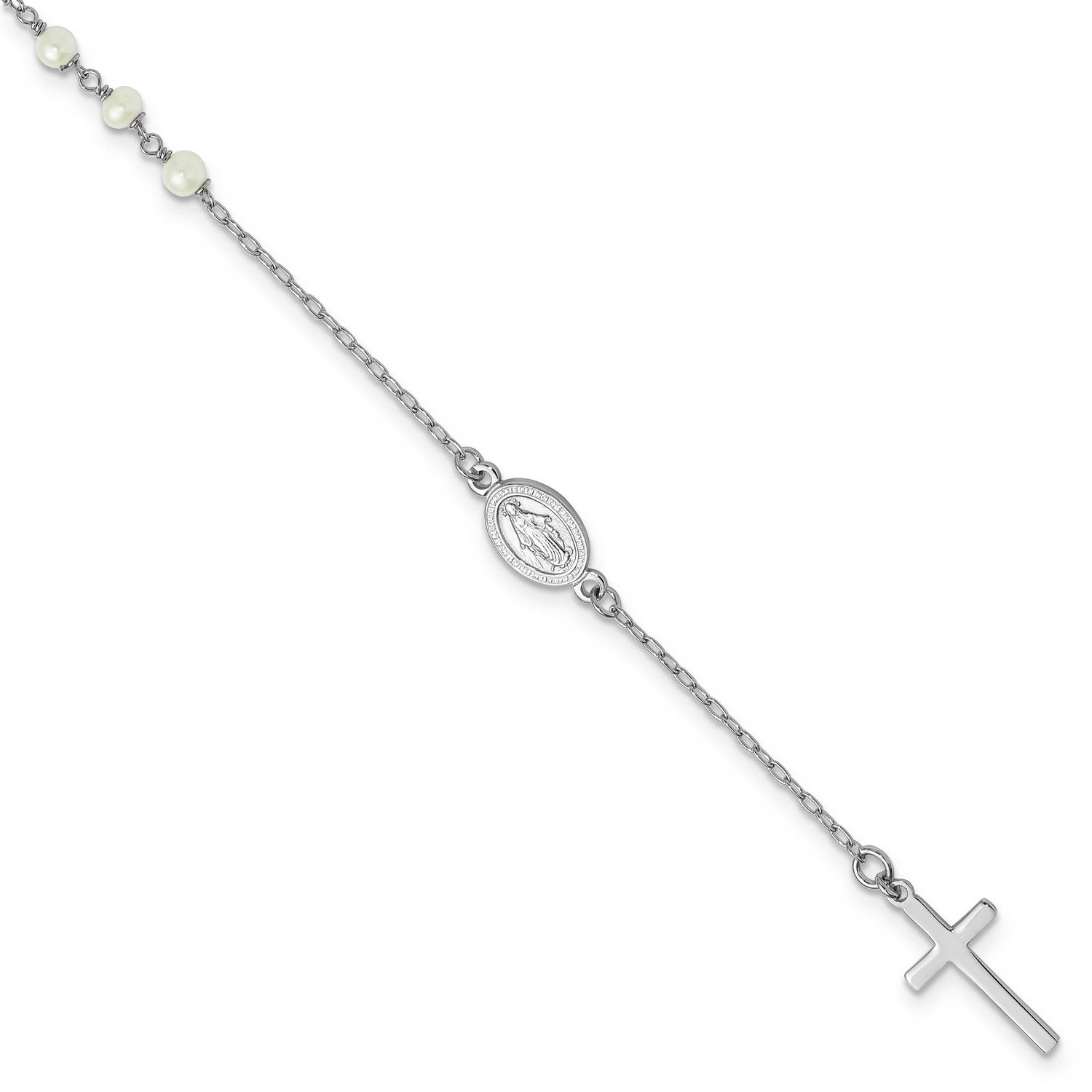 Fwc Pearl Cross Rosary Themed 10 Inch Anklet Sterling Silver Rhodium-Plated, MPN: QG6887-10, UPC: