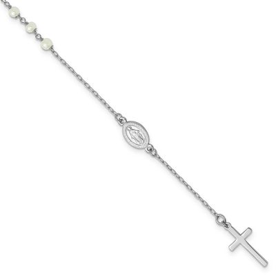 Fwc Pearl Cross Rosary Themed 10 Inch Anklet Sterling Silver Rhodium-Plated, MPN: QG6887-10, UPC: