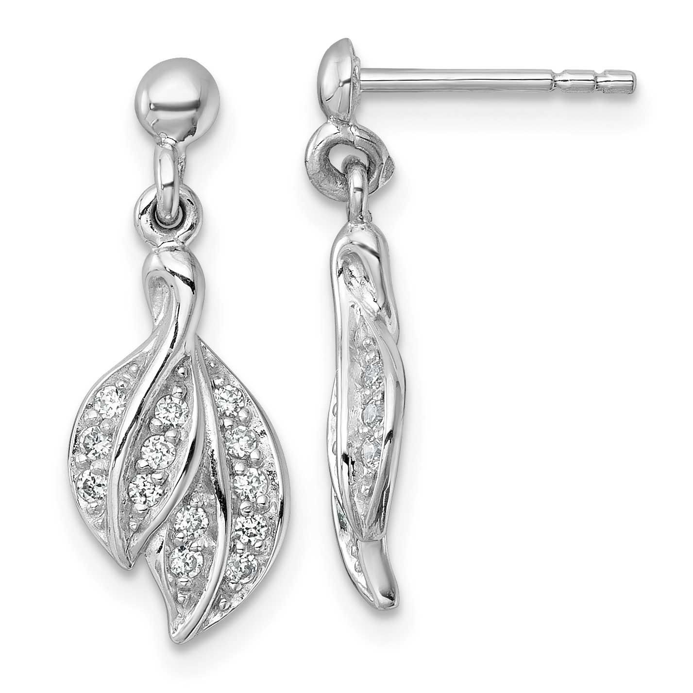 Polished CZ Leaf Dangle Post Earrings Sterling Silver Rhodium-Plated, MPN: QE18058, UPC: