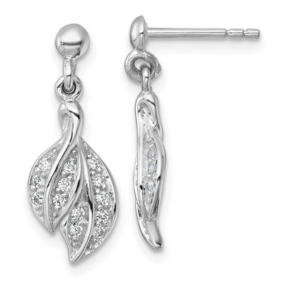 Polished CZ Leaf Dangle Post Earrings Sterling Silver Rhodium-Plated, MPN: QE18058, UPC: