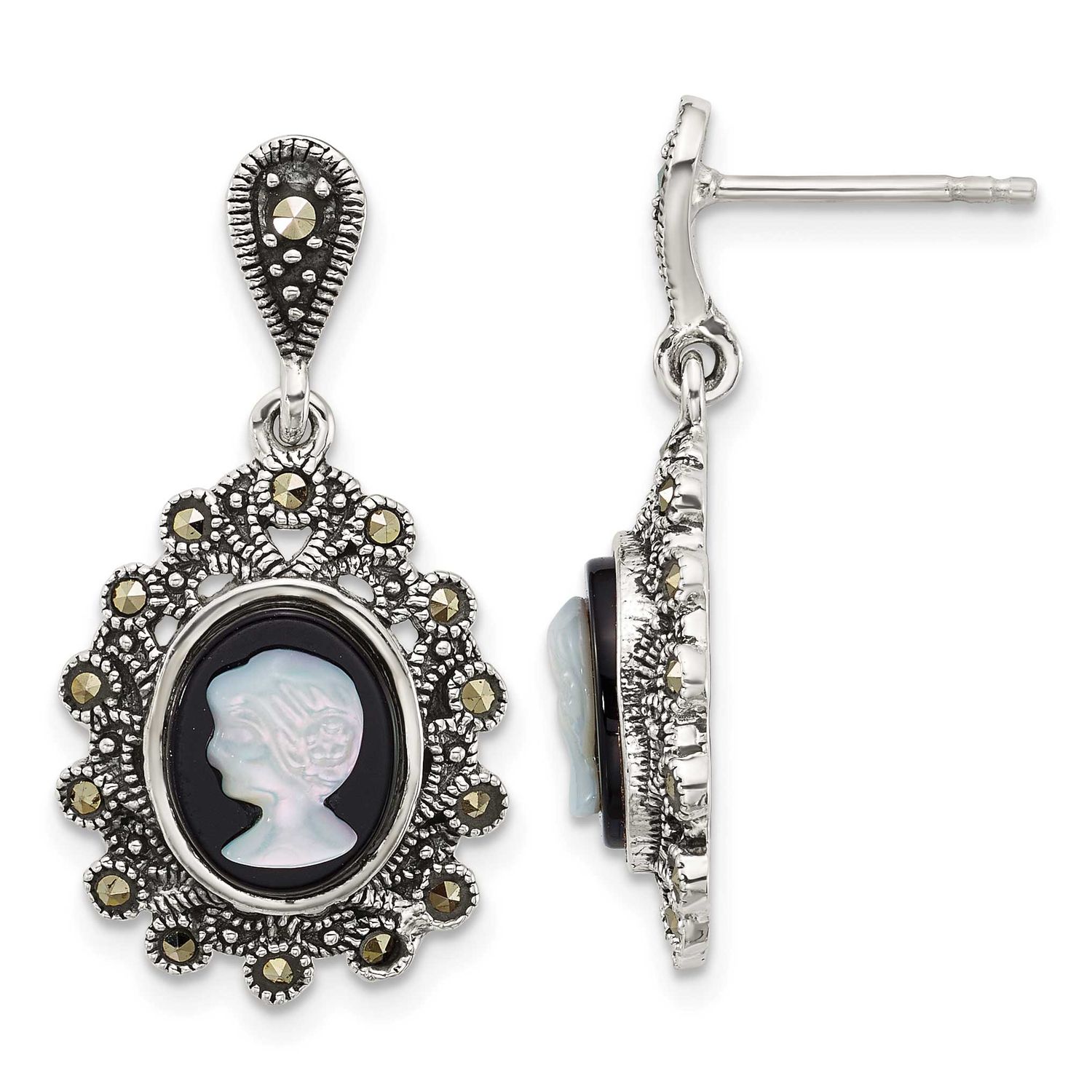 Marcasite Blk Agate and Mop Cameo Earrings Sterling Silver Antiqued, MPN: QG7182E, UPC: