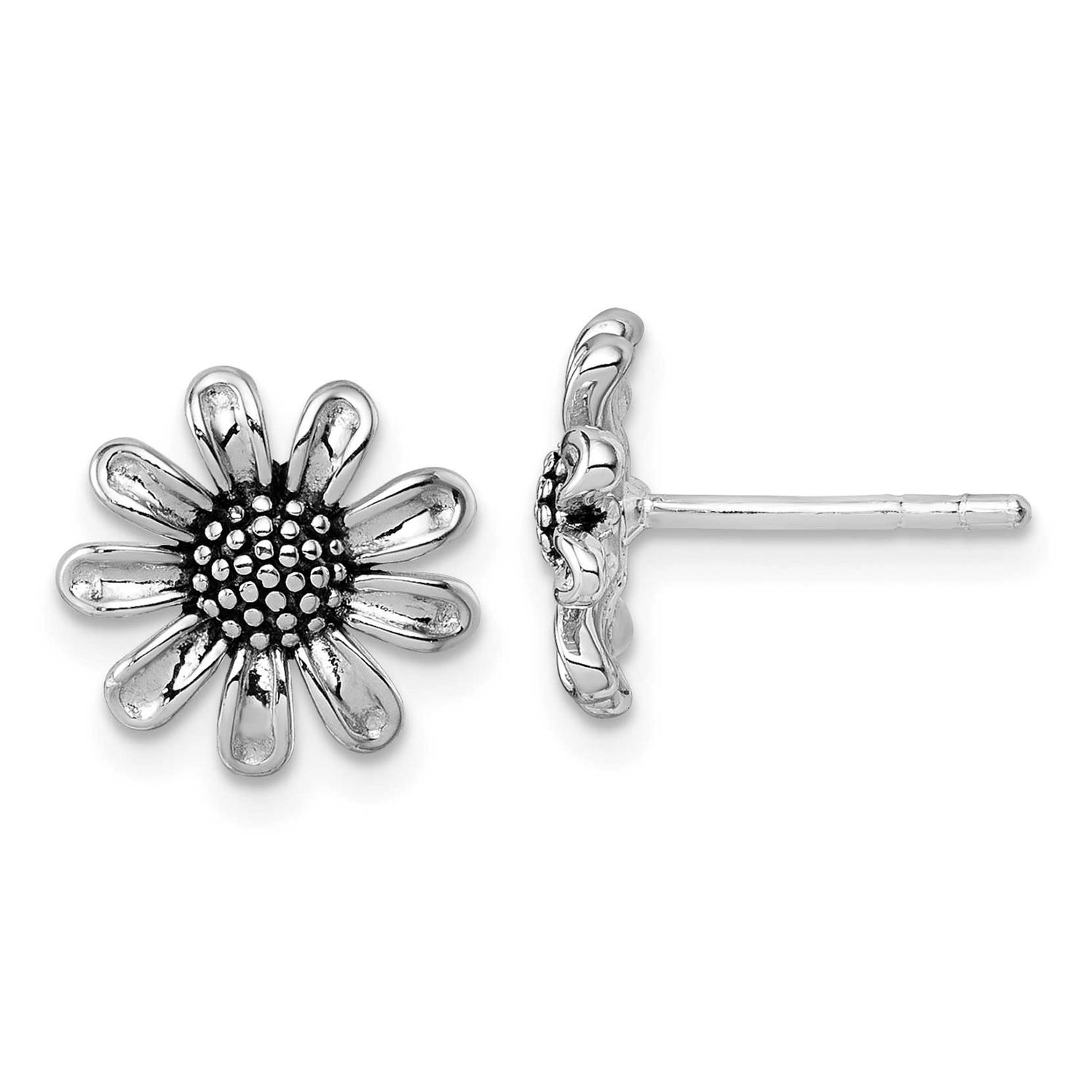Antiqued Flower Post Earrings Sterling Silver Rhodium-Plated, MPN: QG7231E, UPC: