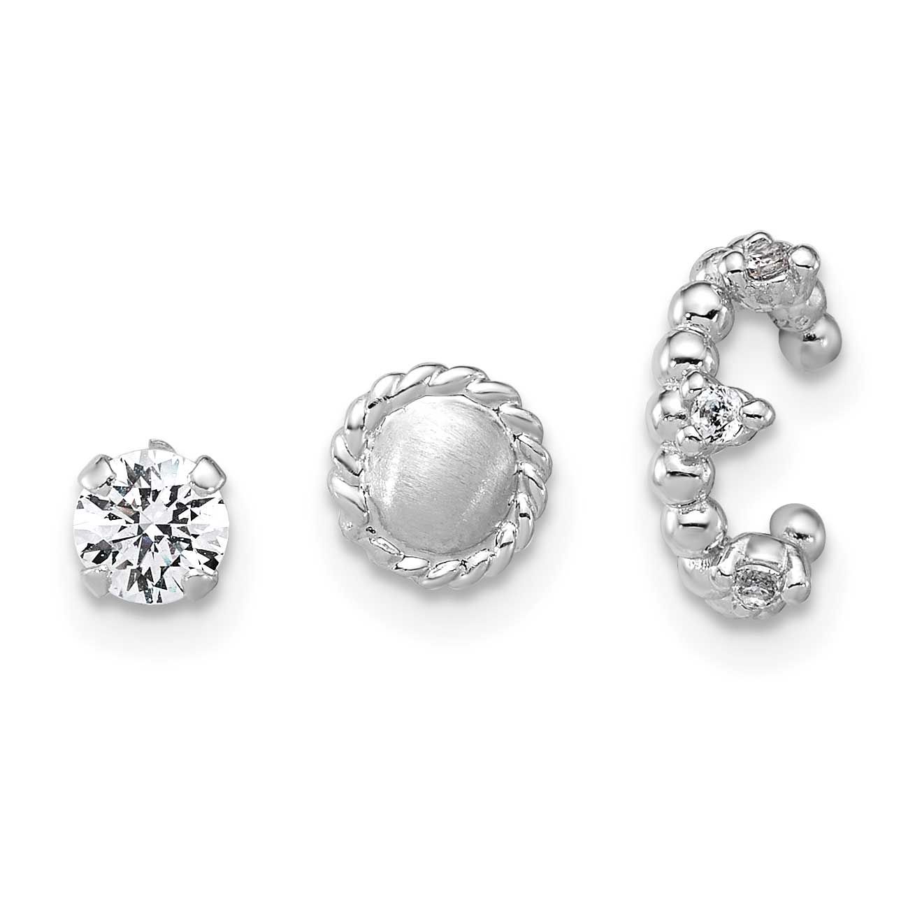 Textured CZ StuDiamond-cutircle/Ear Cuff Set of 3 Single Earring Set Sterling Silver Rhodium-Plated…