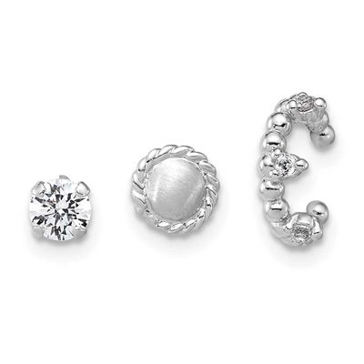 Textured CZ StuDiamond-cutircle/Ear Cuff Set of 3 Single Earring Set Sterling Silver Rhodium-Plated…