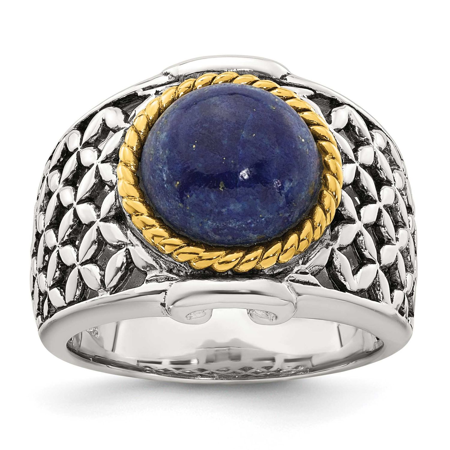 Gold-Plated Accent Polished Round Lapis Cabochon Woven Pattern Ring Sterling Silver Antiqued, MPN: …