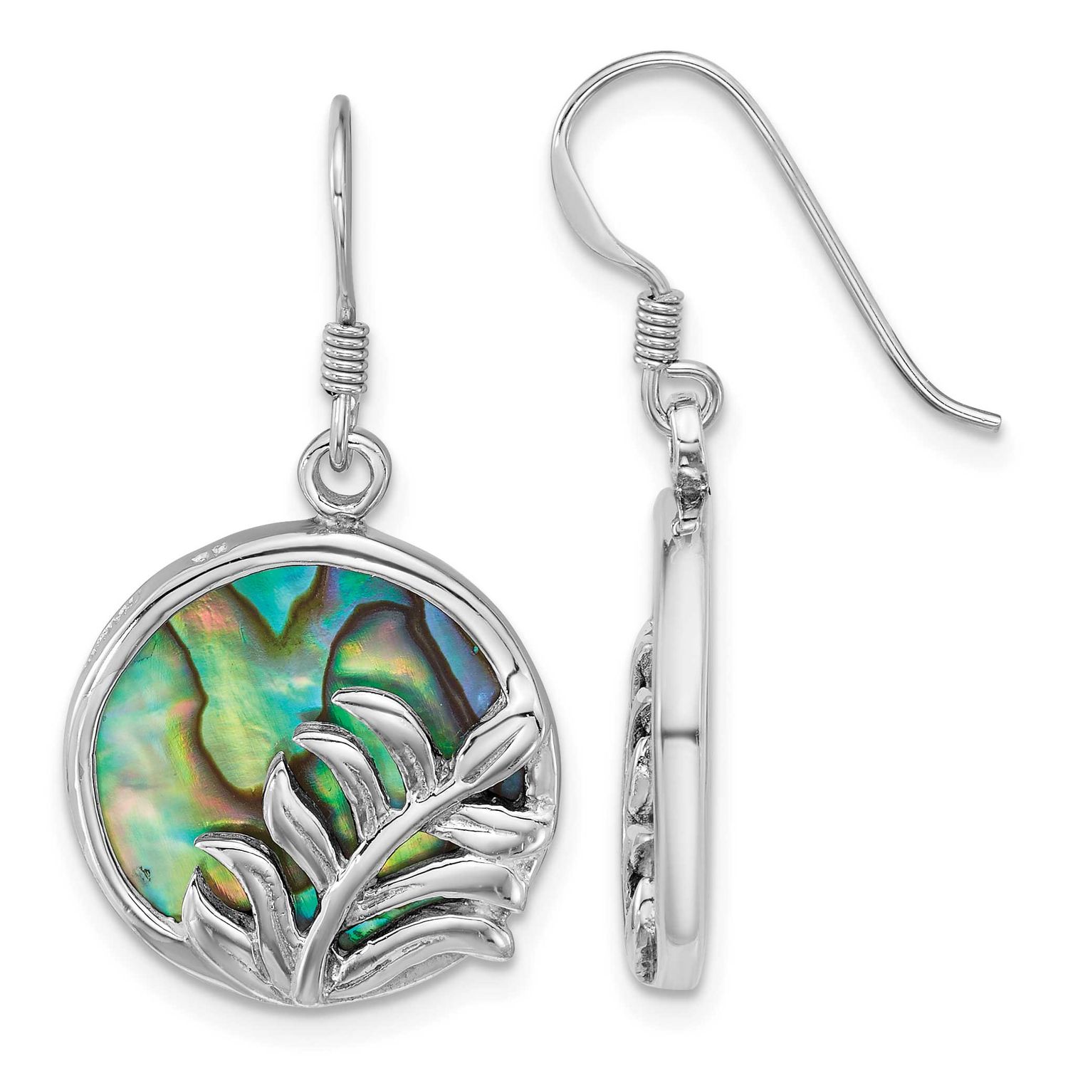 Polish Abalone Round with Leaves Earrings Sterling Silver Rhodium-Plated, MPN: QE18231, UPC: