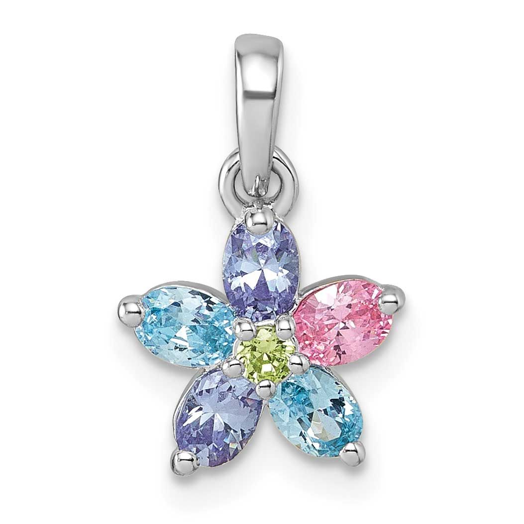 Multi Color CZ Flower Pendant Sterling Silver Rhodium-Plated, MPN: QG7223P, UPC: