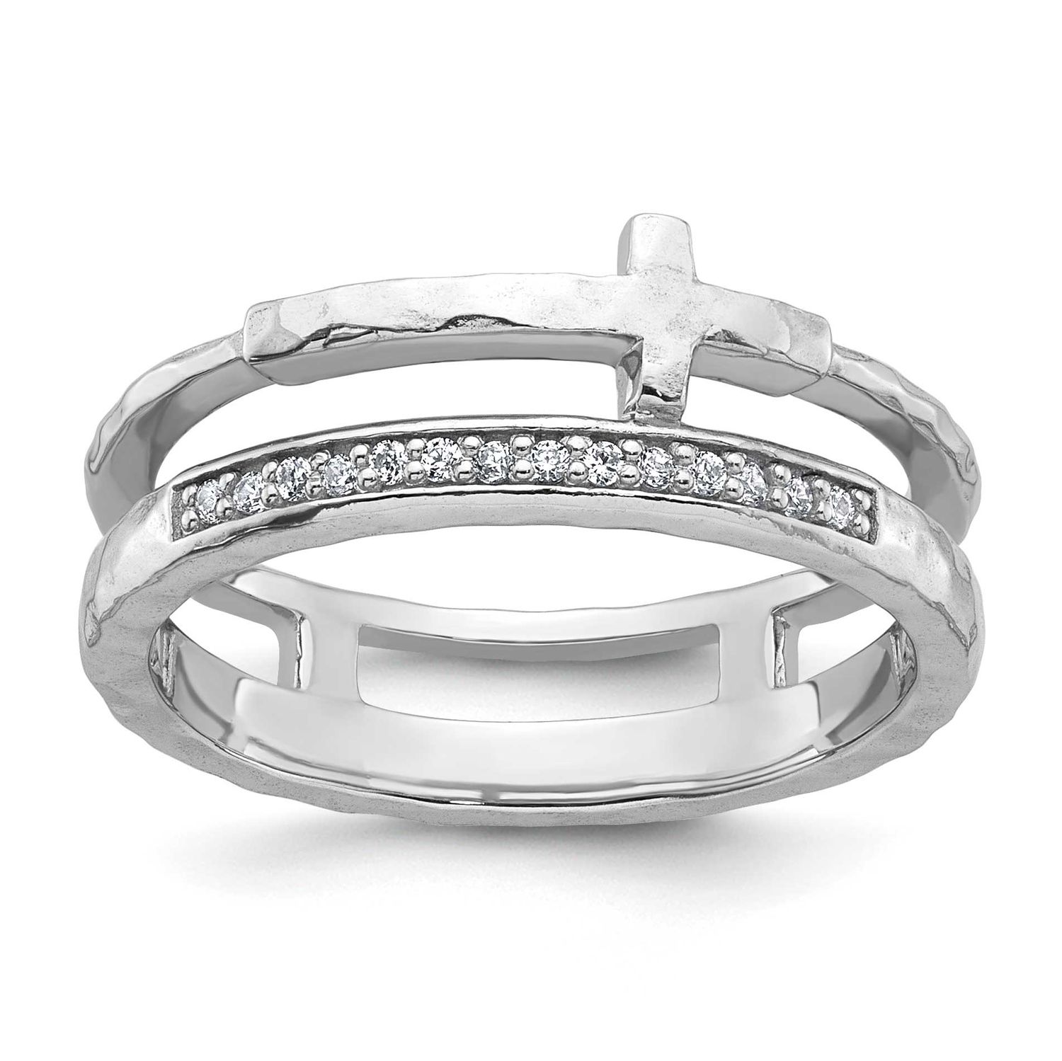Rh-Plated Hammered CZ Cross 2 Band Ring Sterling Silver Polished, MPN: QR7688, UPC: