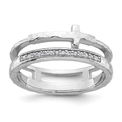 Rh-Plated Hammered CZ Cross 2 Band Ring Sterling Silver Polished, MPN: QR7688, UPC: