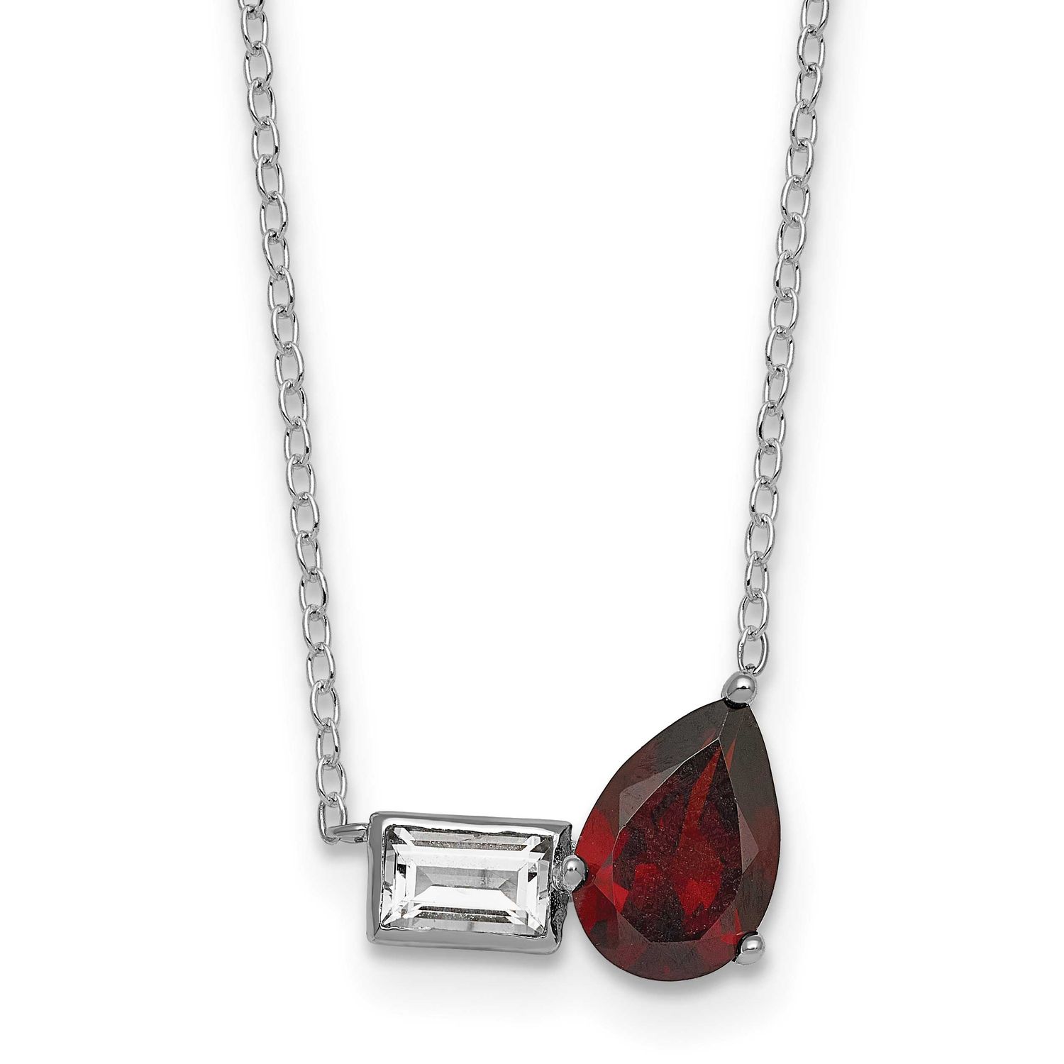 Garnet and White Topaz Pear Rectangle 16 Inch with 2 Inch Extension Necklace Sterling Silver Rhodiu…