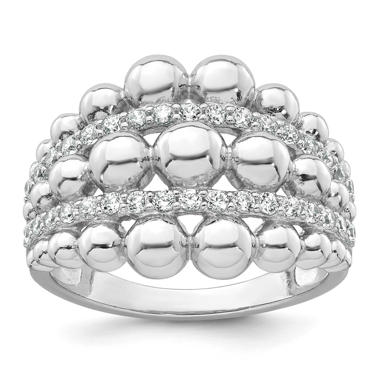 Polished and Beaded Fancy CZ Ring Sterling Silver Rhodium-Plated, MPN: QR7714, UPC:
