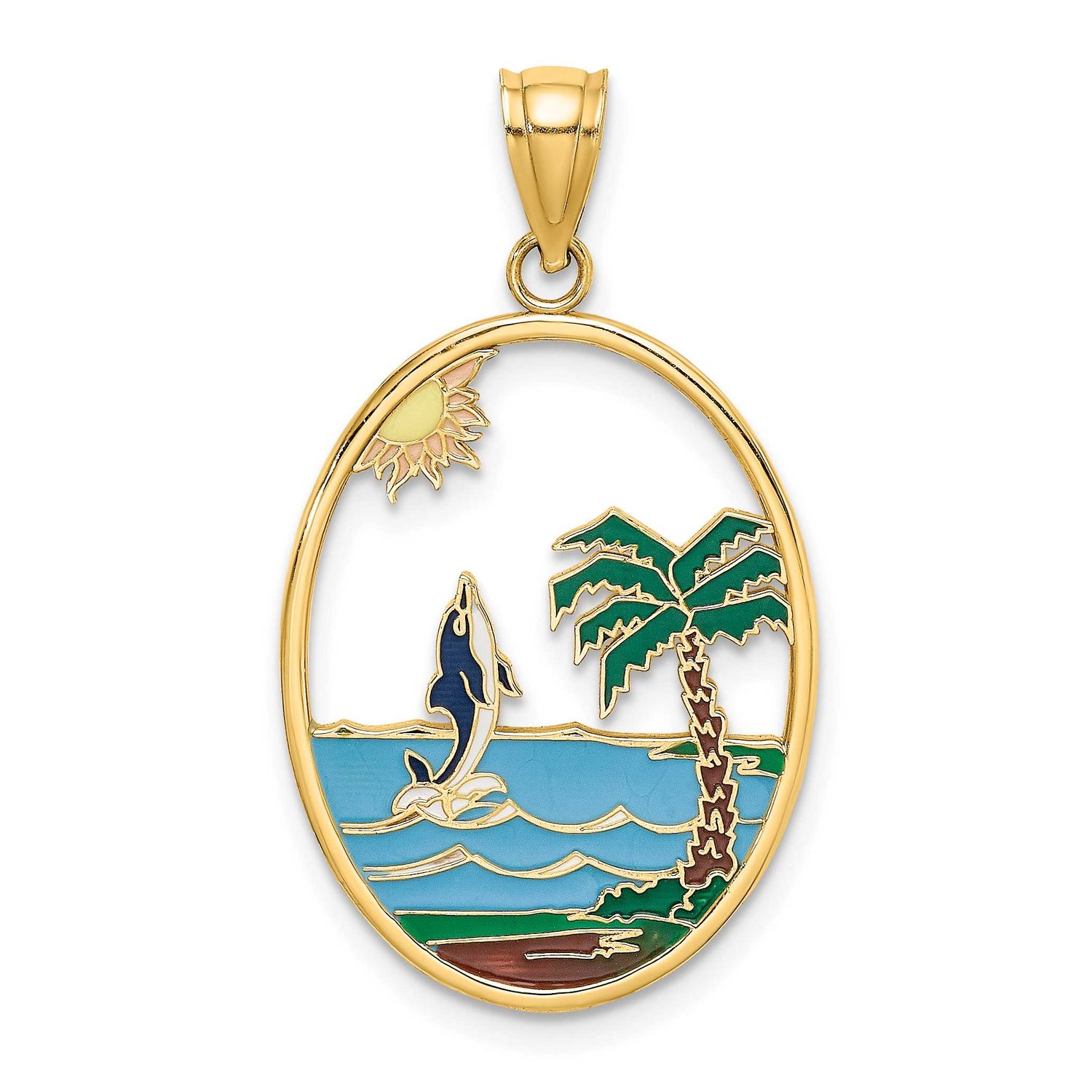 Enamel Dolphin Jumping In Beach Scene Charm 14k Gold, MPN: K6874, UPC: 637218127740