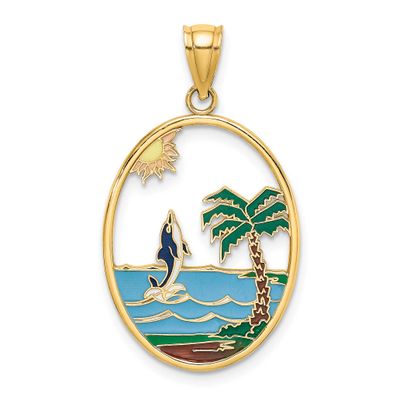 Enamel Dolphin Jumping In Beach Scene Charm 14k Gold, MPN: K6874, UPC: 637218127740