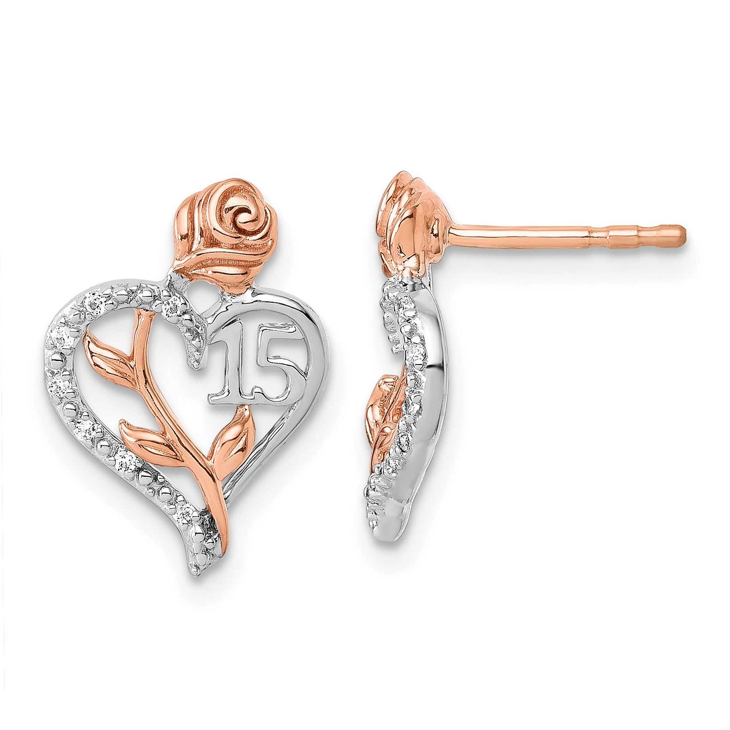 Rose Gold Diamond Quinceanera Heart Post Earrings 14k White Gold, MPN: EM10165-006-WRAA, UPC: