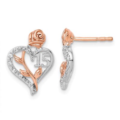 Rose Gold Diamond Quinceanera Heart Post Earrings 14k White Gold, MPN: EM10165-006-WRAA, UPC: