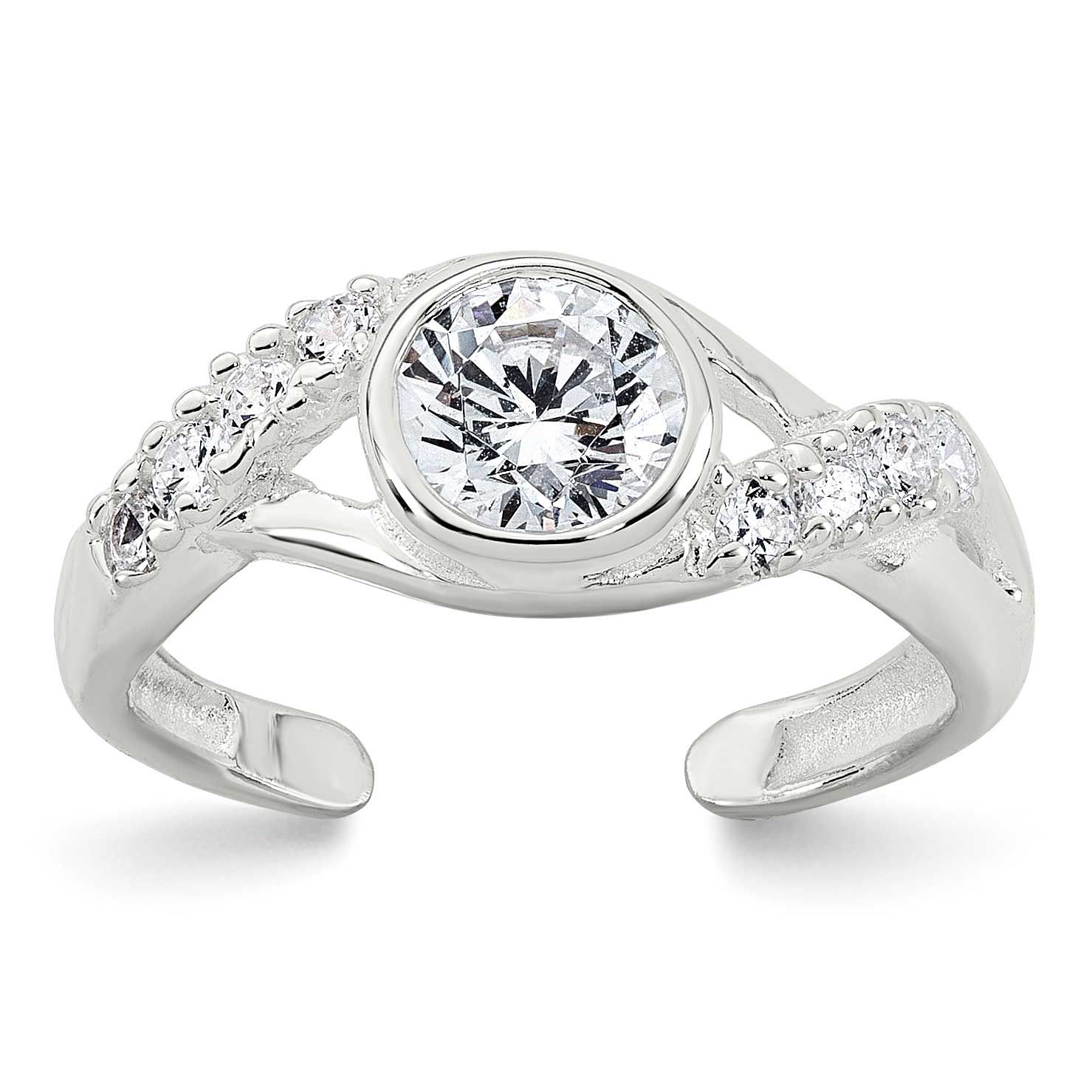 Fancy CZ Twisted Sides Adjustable Toe Ring Sterling Silver Polished, MPN: QR7674, UPC: