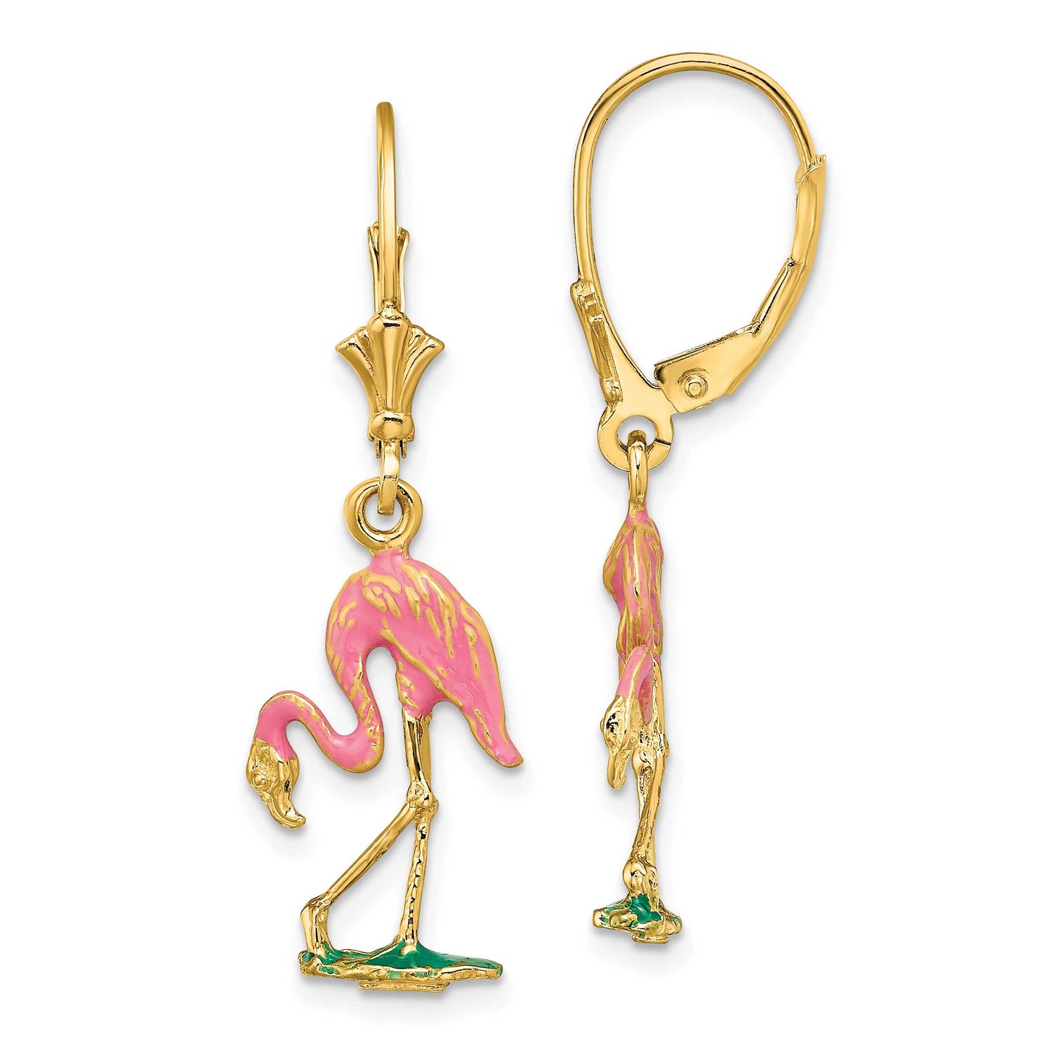 Enamel 3-D Flamingo Leverback Earrings 14k Gold, MPN: TF1848, UPC: 637218177578