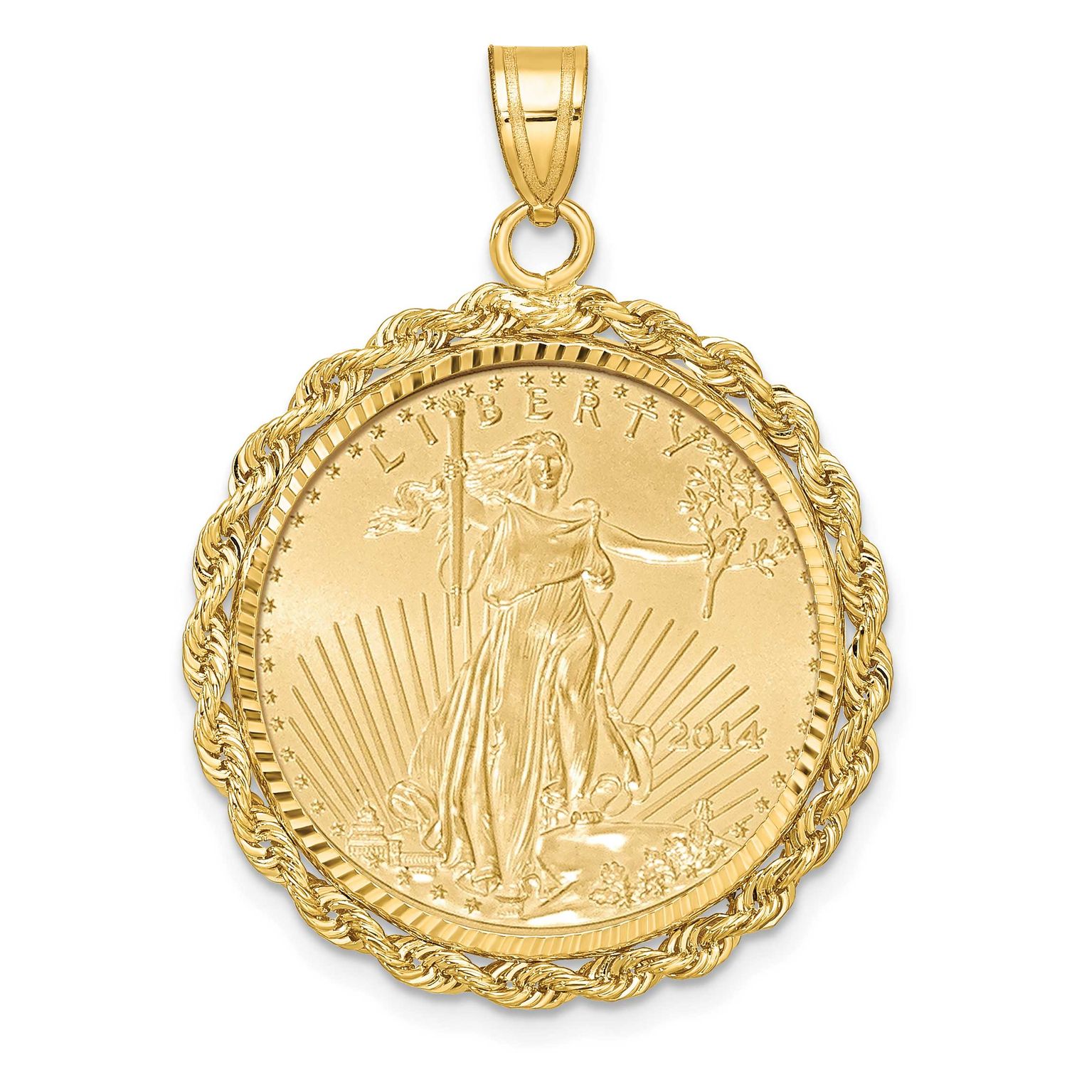 Diamond-Cut Rope Prong Mounted 1/4Oz American Eagle Coin Bezel Pendant 14k Gold, MPN: C3012D_22.0C,…