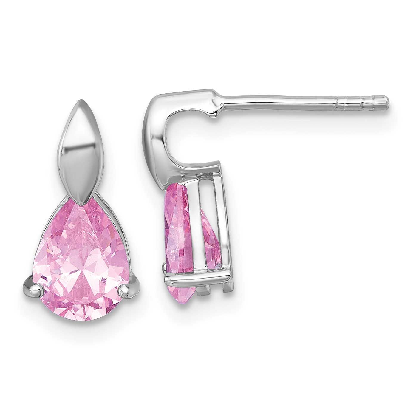 Pink CZ Teardrop Post Dangle Earrings Sterling Silver Rhodium-Plated Polished, MPN: QE18200, UPC: