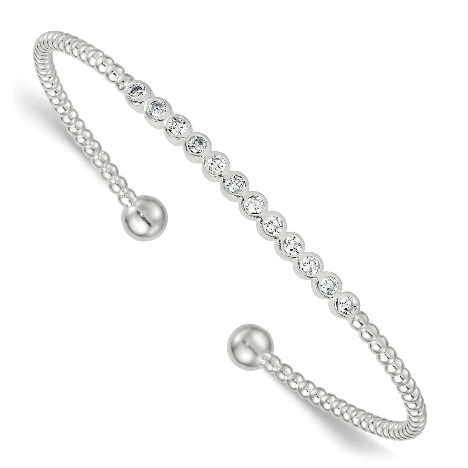 Beaded Bezel Set CZ Bar Cuff Bangle Sterling Silver Polished, MPN: QB1587, UPC: