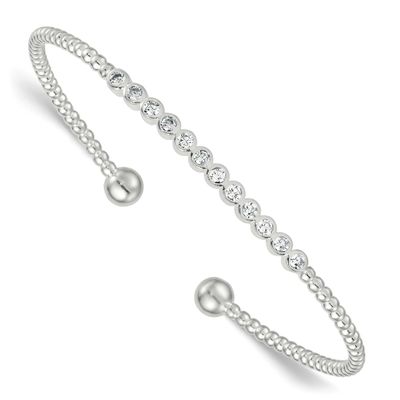 Beaded Bezel Set CZ Bar Cuff Bangle Sterling Silver Polished, MPN: QB1587, UPC: