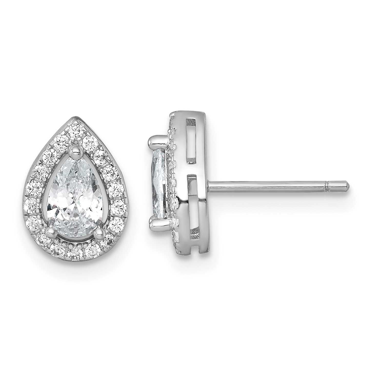 10x7mm Halo Pear CZ Post Earrings Sterling Silver Rhodium-Plated Polished, MPN: QE17808, UPC: