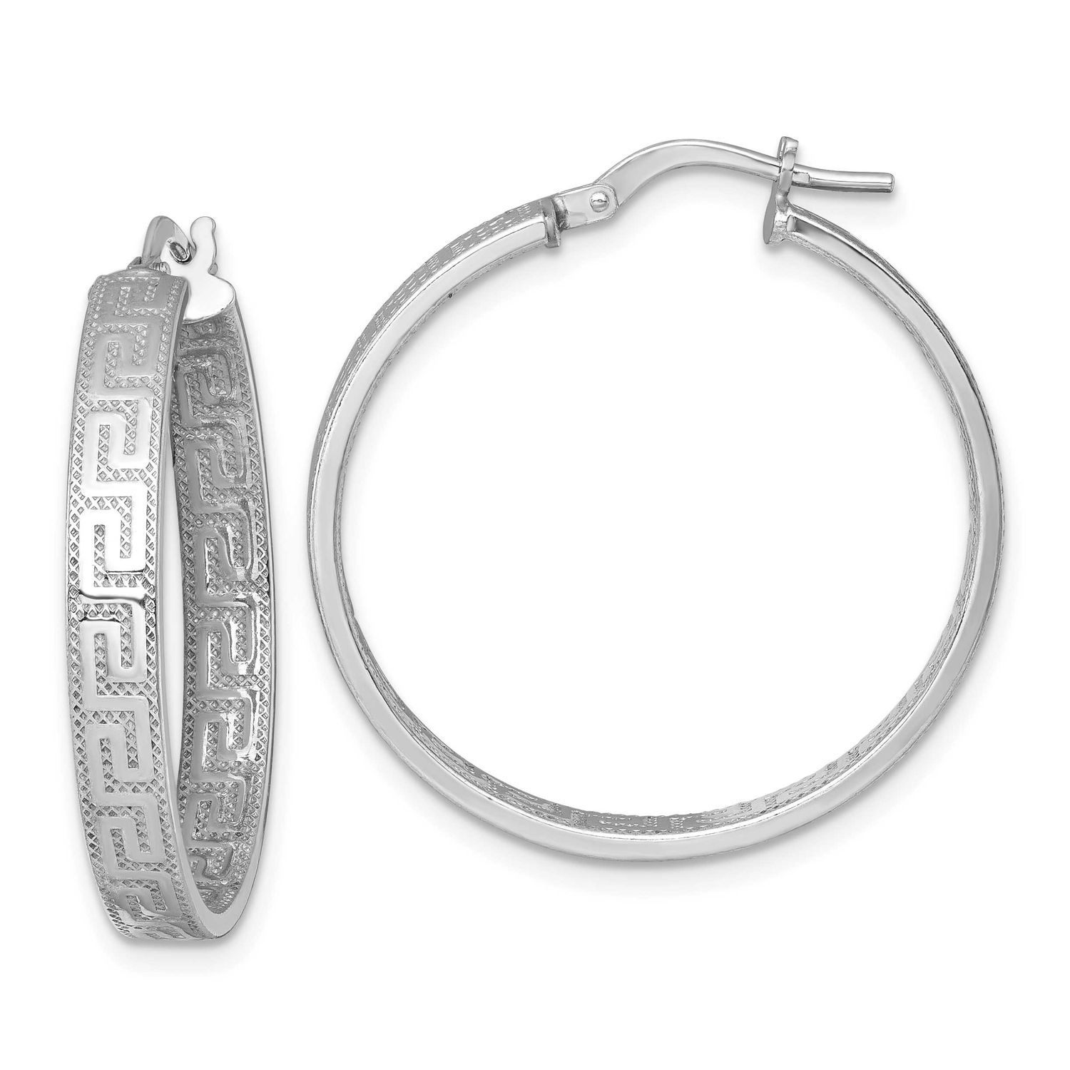 Textured Greek Key Hoop Earrings Sterling Silver Rhodium-Plated Polished, MPN: QE17868, UPC:
