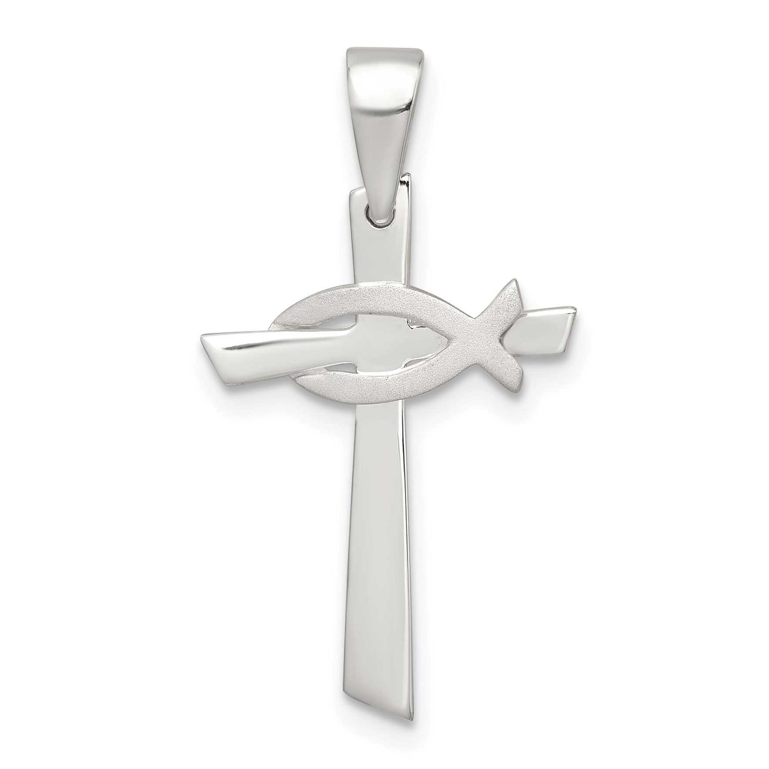 Cross with Brushed Ichthus Fish Pendant Sterling Silver Polished, MPN: QC11627, UPC:
