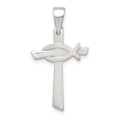 Cross with Brushed Ichthus Fish Pendant Sterling Silver Polished, MPN: QC11627, UPC: